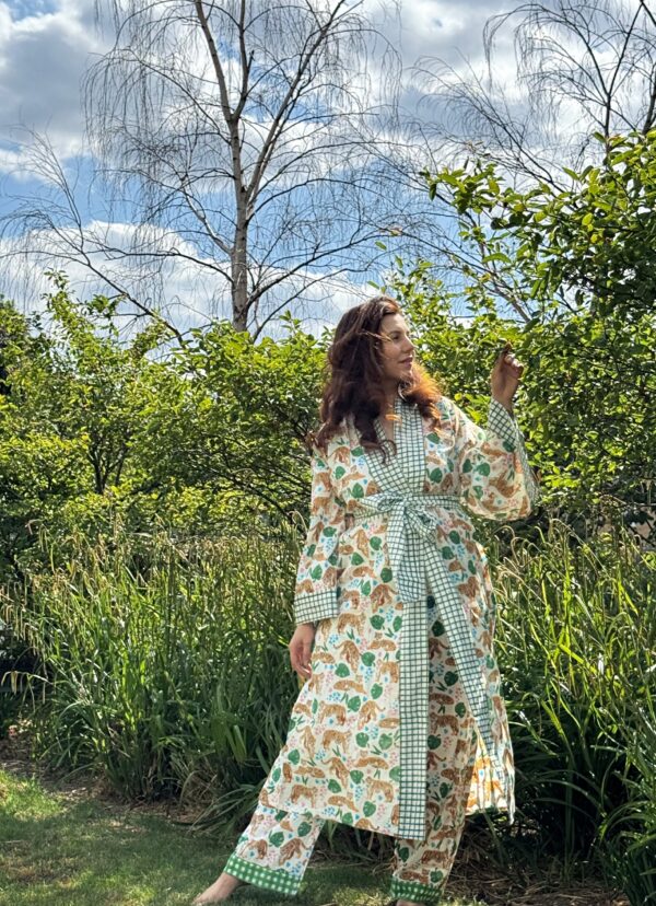 Pure Cotton Block-print House Robe Summer Kimono | Floral Beach Coverup/Comfy Lounge Animal Goddess Totem Magic | White Green Tiger Stripe