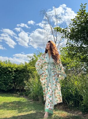 Pure Cotton Block-print House Robe Summer Kimono | Floral Beach Coverup/Comfy Lounge Animal Goddess Totem Magic | White Green Tiger Stripe - Image 2