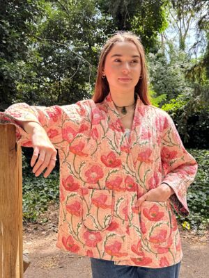 Quilted Pure Cotton Reversible Short Spring Summer Jacket Coat Boho Indian Block-print Classic Peach Range Green Pansy Floral Gardenia - Image 2