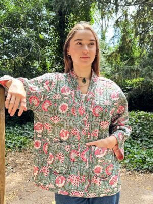 Quilted Pure Cotton Reversible Short Spring Summer Jacket Coat Boho Indian Block-print Classic Peach Range Green Pansy Floral Gardenia - Image 3