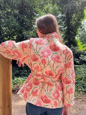 Quilted Pure Cotton Reversible Short Spring Summer Jacket Coat Boho Indian Block-print Classic Peach Range Green Pansy Floral Gardenia - Image 4