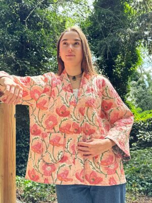Quilted Pure Cotton Reversible Short Spring Summer Jacket Coat Boho Indian Block-print Classic Peach Range Green Pansy Floral Gardenia