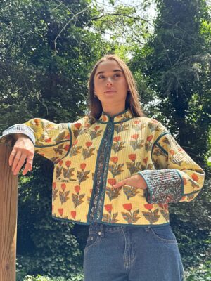 Quilted Pure Cotton Reversible Short Spring Summer Jacket Coat Boho Indian Block-print | Custard Teal Peach Bloom in Love - Image 2