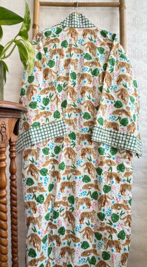 Pure Cotton Block-print House Robe Summer Kimono | Floral Beach Coverup/Comfy Lounge Animal Goddess Totem Magic | White Green Tiger Stripe - Image 5