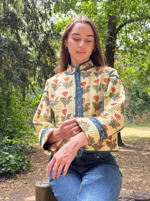 Quilted Pure Cotton Reversible Short Spring Summer Jacket Coat Boho Indian Block-print | Custard Teal Peach Bloom in Love - Image 3