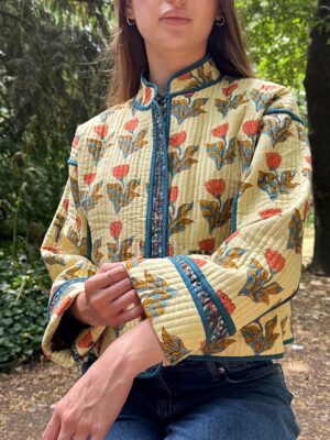 Quilted Pure Cotton Reversible Short Spring Summer Jacket Coat Boho Indian Block-print | Custard Teal Peach Bloom in Love - Image 4