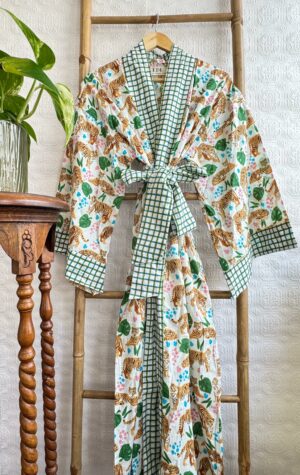Pure Cotton Block-print House Robe Summer Kimono | Floral Beach Coverup/Comfy Lounge Animal Goddess Totem Magic | White Green Tiger Stripe - Image 6