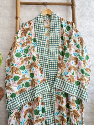Pure Cotton Block-print House Robe Summer Kimono | Floral Beach Coverup/Comfy Lounge Animal Goddess Totem Magic | White Green Tiger Stripe - Image 3