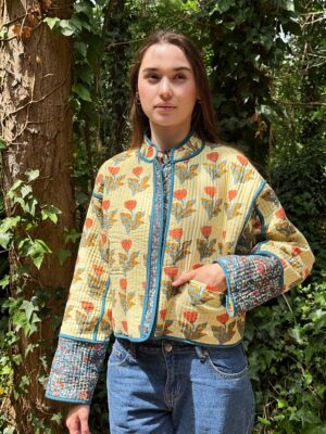 Quilted Pure Cotton Reversible Short Spring Summer Jacket Coat Boho Indian Block-print | Custard Teal Peach Bloom in Love - Image 5