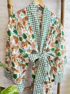 Pure Cotton Block-print House Robe Summer Kimono | Floral Beach Coverup/Comfy Lounge Animal Goddess Totem Magic | White Green Tiger Stripe - Image 7
