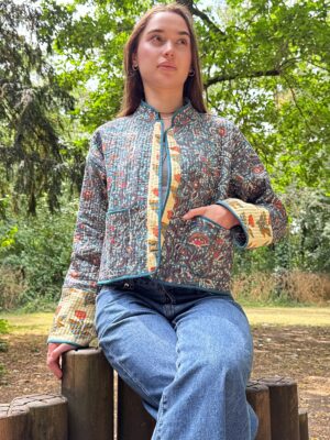 Quilted Pure Cotton Reversible Short Spring Summer Jacket Coat Boho Indian Block-print | Custard Teal Peach Bloom in Love - Image 6
