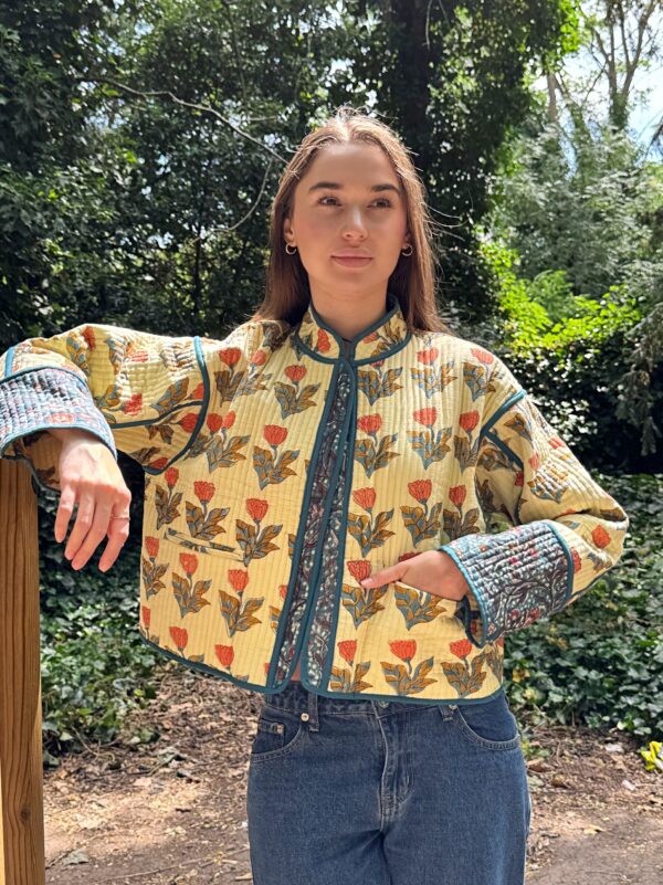 Quilted Pure Cotton Reversible Short Spring Summer Jacket Coat Boho Indian Block-print | Custard Teal Peach Bloom in Love