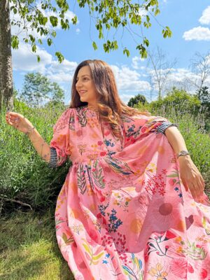 Pure Cotton Long Dress Indian Block Print Boho Colourful Summer Earthy Elegant Comfy Daywear Mom Outfit Candy Pink Bouquet Gardenia