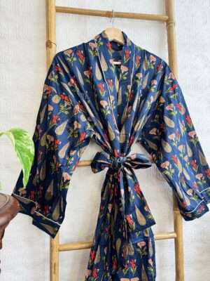 Men’s Cotton Handprinted House Robe Kimono | Regal Aquamarine Deep Blue Midnight Garden Romance | Mughal Fern Beige Red Love Blossom