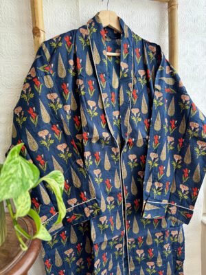Men’s Cotton Handprinted House Robe Kimono | Regal Aquamarine Deep Blue Midnight Garden Romance | Mughal Fern Beige Red Love Blossom - Image 2