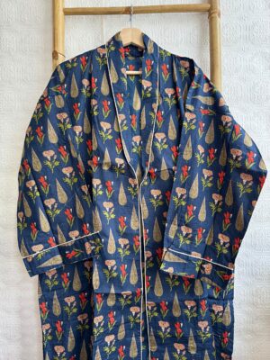 Men’s Cotton Handprinted House Robe Kimono | Regal Aquamarine Deep Blue Midnight Garden Romance | Mughal Fern Beige Red Love Blossom - Image 3