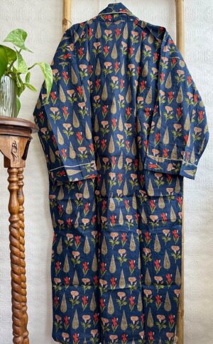 Men’s Cotton Handprinted House Robe Kimono | Regal Aquamarine Deep Blue Midnight Garden Romance | Mughal Fern Beige Red Love Blossom - Image 4
