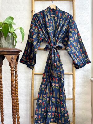 Men’s Cotton Handprinted House Robe Kimono | Regal Aquamarine Deep Blue Midnight Garden Romance | Mughal Fern Beige Red Love Blossom - Image 5