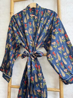 Men’s Cotton Handprinted House Robe Kimono | Regal Aquamarine Deep Blue Midnight Garden Romance | Mughal Fern Beige Red Love Blossom - Image 6