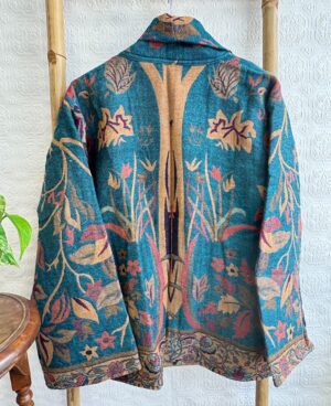 Luxury Short Jacket Pure Merino Boiled Wool Paisley Floral Artist Outer-wear | Persian Oriental Teal Beige Pink Mughal Paisley Autumn Layer - Image 9