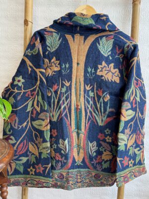Luxury Short Jacket Pure Merino Boiled Wool Paisley Floral Artist Outer-wear | Persian Oriental Admiral Blue Beige Green Mughal Autumn Layer - Image 9
