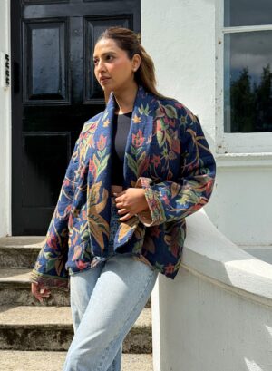 Luxury Short Jacket Pure Merino Boiled Wool Paisley Floral Artist Outer-wear | Persian Oriental Admiral Blue Beige Green Mughal Autumn Layer - Image 4