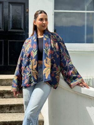 Luxury Short Jacket Pure Merino Boiled Wool Paisley Floral Artist Outer-wear | Persian Oriental Admiral Blue Beige Green Mughal Autumn Layer - Image 2