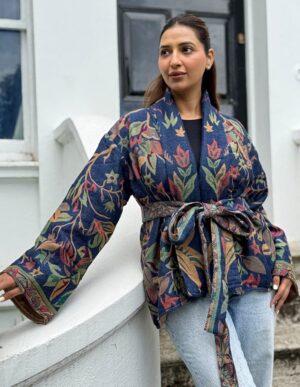 Luxury Short Jacket Pure Merino Boiled Wool Paisley Floral Artist Outer-wear | Persian Oriental Admiral Blue Beige Green Mughal Autumn Layer