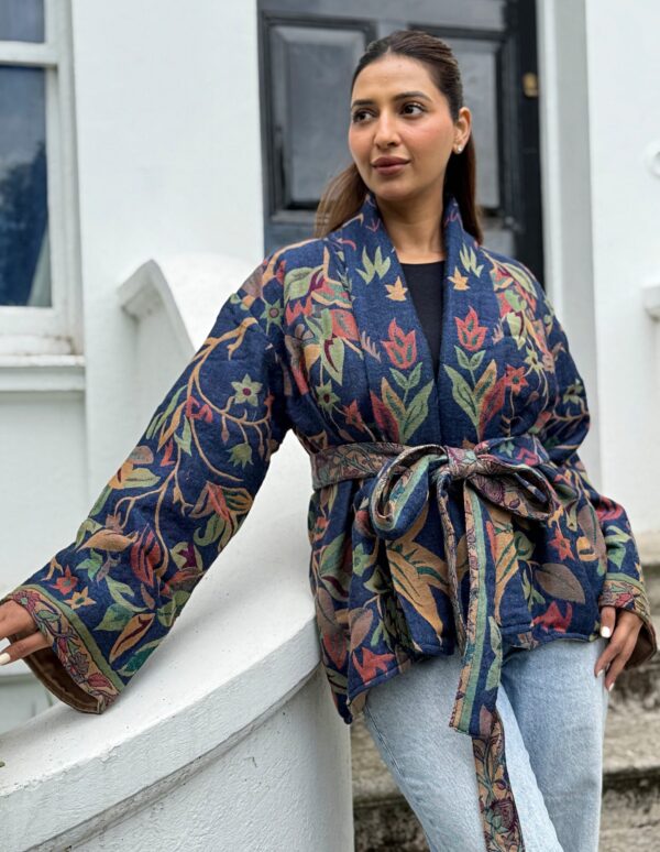 Luxury Short Jacket Pure Merino Boiled Wool Paisley Floral Artist Outer-wear | Persian Oriental Admiral Blue Beige Green Mughal Autumn Layer