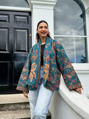 Luxury Short Jacket Pure Merino Boiled Wool Paisley Floral Artist Outer-wear | Persian Oriental Teal Beige Pink Mughal Paisley Autumn Layer