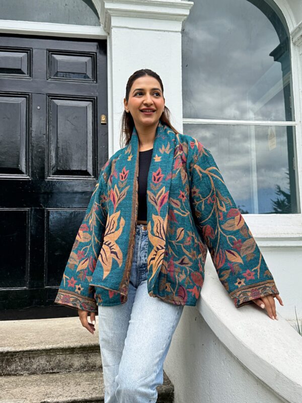 Luxury Short Jacket Pure Merino Boiled Wool Paisley Floral Artist Outer-wear | Persian Oriental Teal Beige Pink Mughal Paisley Autumn Layer