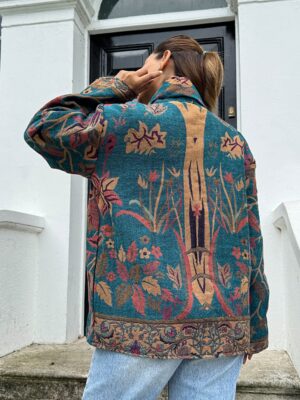 Luxury Short Jacket Pure Merino Boiled Wool Paisley Floral Artist Outer-wear | Persian Oriental Teal Beige Pink Mughal Paisley Autumn Layer - Image 5