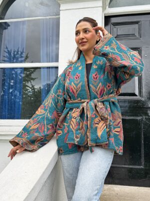 Luxury Short Jacket Pure Merino Boiled Wool Paisley Floral Artist Outer-wear | Persian Oriental Teal Beige Pink Mughal Paisley Autumn Layer - Image 2