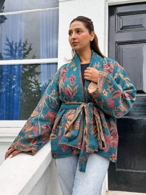 Luxury Short Jacket Pure Merino Boiled Wool Paisley Floral Artist Outer-wear | Persian Oriental Teal Beige Pink Mughal Paisley Autumn Layer - Image 4