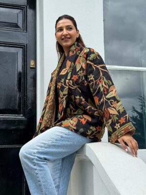 Luxury Short Jacket Pure Merino Boiled Wool Paisley Floral Artist Outer-wear | Persian Oriental Black Beige Mughal Paisley Autumn Layer - Image 2