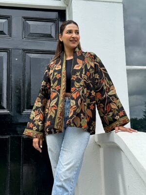 Luxury Short Jacket Pure Merino Boiled Wool Paisley Floral Artist Outer-wear | Persian Oriental Black Beige Mughal Paisley Autumn Layer - Image 5