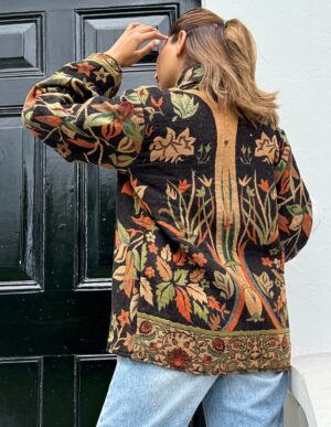 Luxury Short Jacket Pure Merino Boiled Wool Paisley Floral Artist Outer-wear | Persian Oriental Black Beige Mughal Paisley Autumn Layer - Image 4