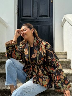 Luxury Short Jacket Pure Merino Boiled Wool Paisley Floral Artist Outer-wear | Persian Oriental Black Beige Mughal Paisley Autumn Layer