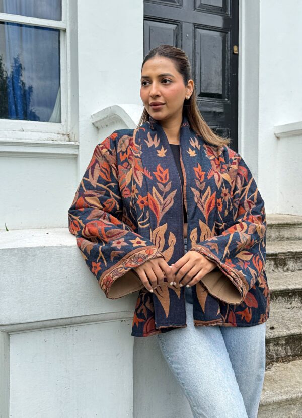 Luxury Short Jacket Pure Merino Boiled Wool Paisley Floral Artist Outer-wear | Persian Oriental Deep Navy Blue Beige Mughal Autumn Layer