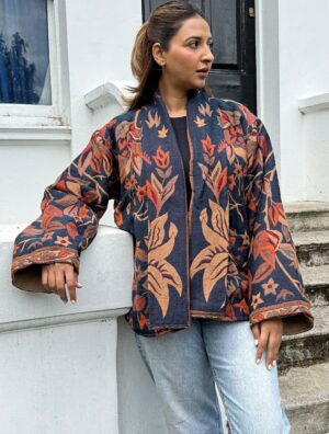 Luxury Short Jacket Pure Merino Boiled Wool Paisley Floral Artist Outer-wear | Persian Oriental Deep Navy Blue Beige Mughal Autumn Layer - Image 6