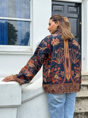 Luxury Short Jacket Pure Merino Boiled Wool Paisley Floral Artist Outer-wear | Persian Oriental Deep Navy Blue Beige Mughal Autumn Layer - Image 8