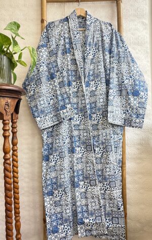 Men’s Cotton Handprinted House Robe Kimono - Regal Indigo Blue White Mini Motif - Image 2