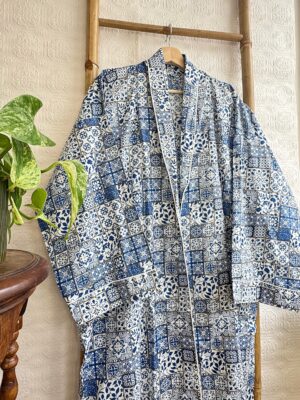 Men’s Cotton Handprinted House Robe Kimono - Regal Indigo Blue White Mini Motif - Image 3