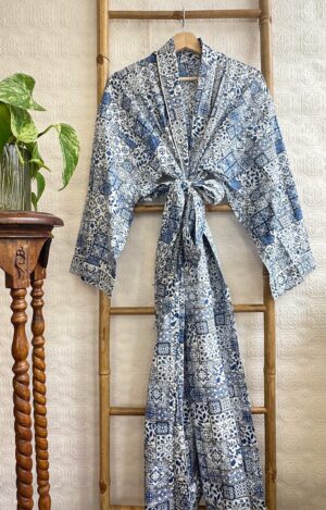 Men’s Cotton Handprinted House Robe Kimono - Regal Indigo Blue White Mini Motif