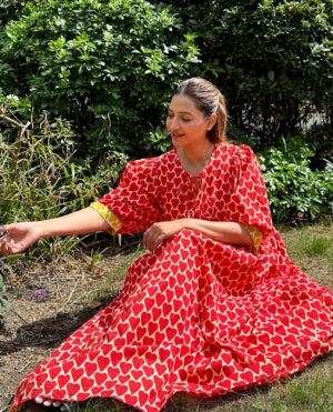Pure Cotton Long Dress Indian Block Print Boho Colourful Summer Eco-fashion Red Comfy Daywear Mom Outfit Beige Rose Dream - Image 4