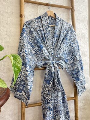 Men’s Cotton Handprinted House Robe Kimono - Regal Indigo Blue White Mini Motif - Image 5