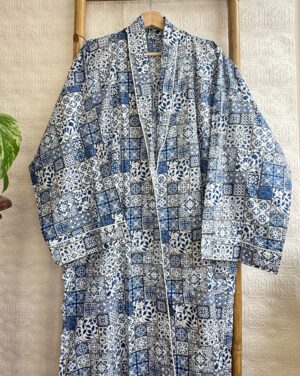 Men’s Cotton Handprinted House Robe Kimono - Regal Indigo Blue White Mini Motif - Image 6