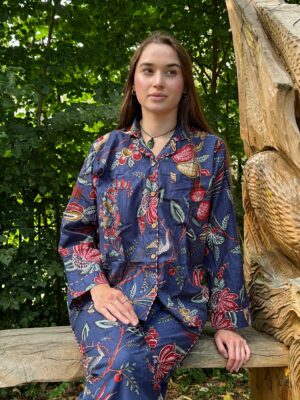 Peacock Bird Garden Hand Printed Indian Blockprint Pure Cotton Floral Pyjama Set | Spring Blue Desire Pomegranate Art