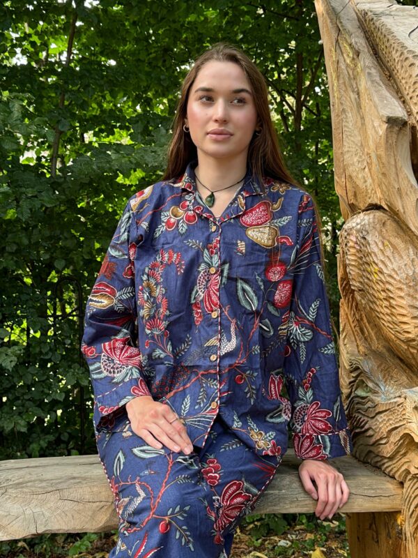Peacock Bird Garden Hand Printed Indian Blockprint Pure Cotton Floral Pyjama Set | Spring Blue Desire Pomegranate Art