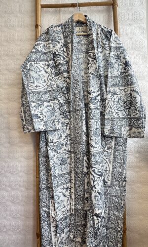 Men’s Cotton Block print House Dressing Robe Kimono - Grey White Diamond Kite Ikat Motif Summer Persian Geometric Magic | Holiday Spa - Image 2
